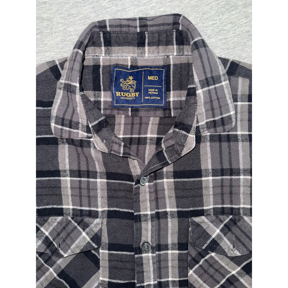 Rugby University Mens Gray Plaid Flannel Shirt Size Medium Workwear Grunge 90s
